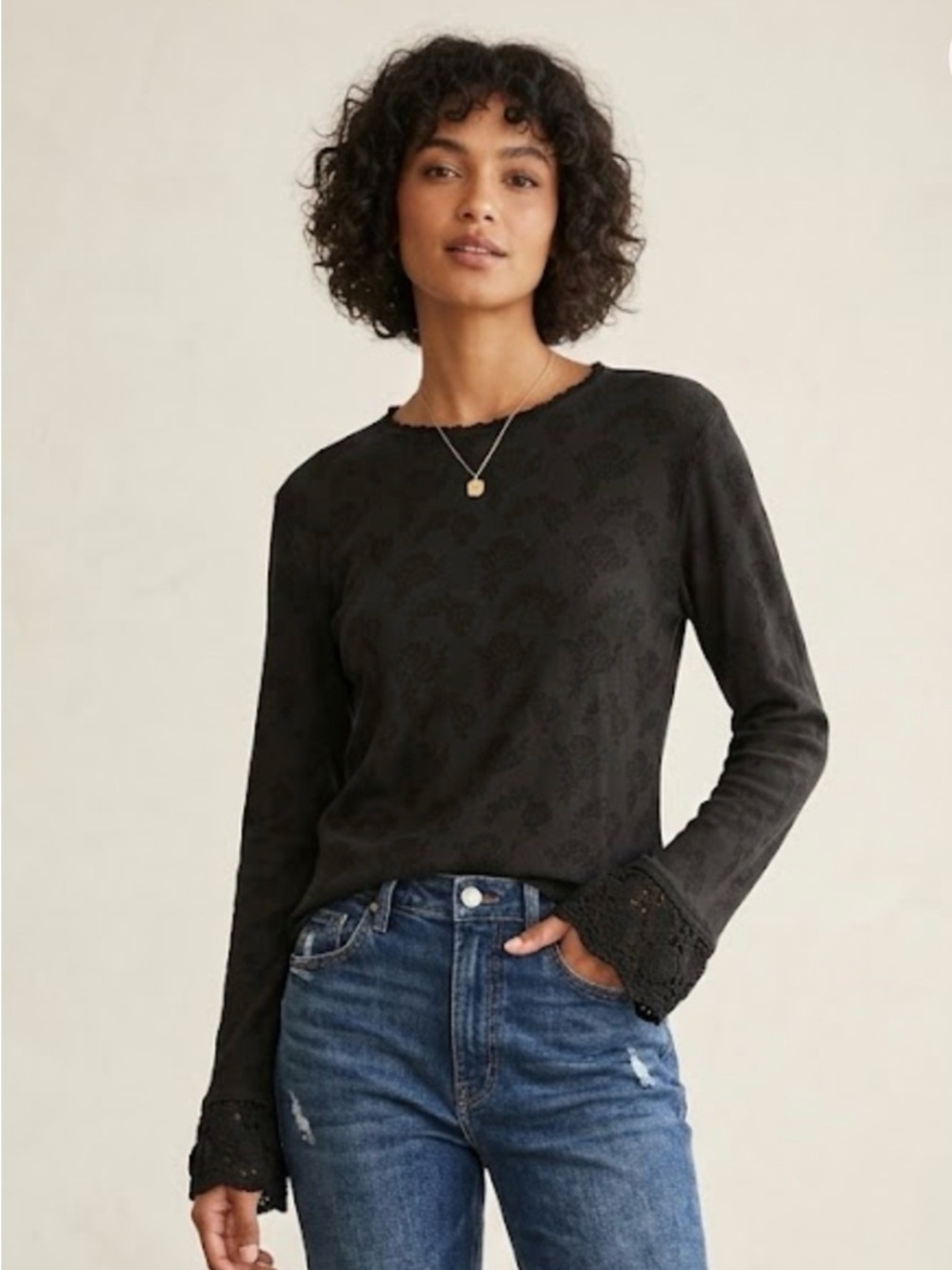 Cp shades Black Rose Burnout Floral Top With Corchet Lace Cuffs Size M